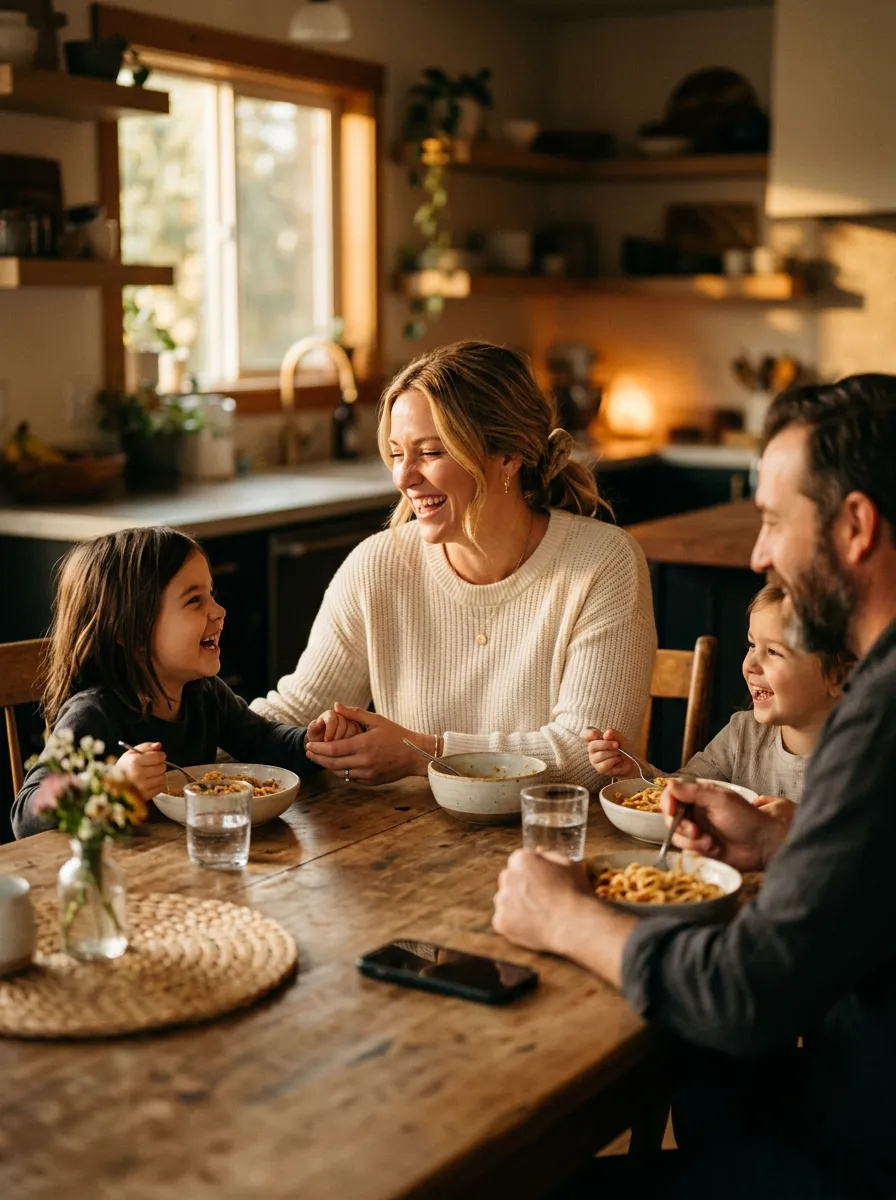 Agent home for dinner with family at golden hour, phone face-down on the table