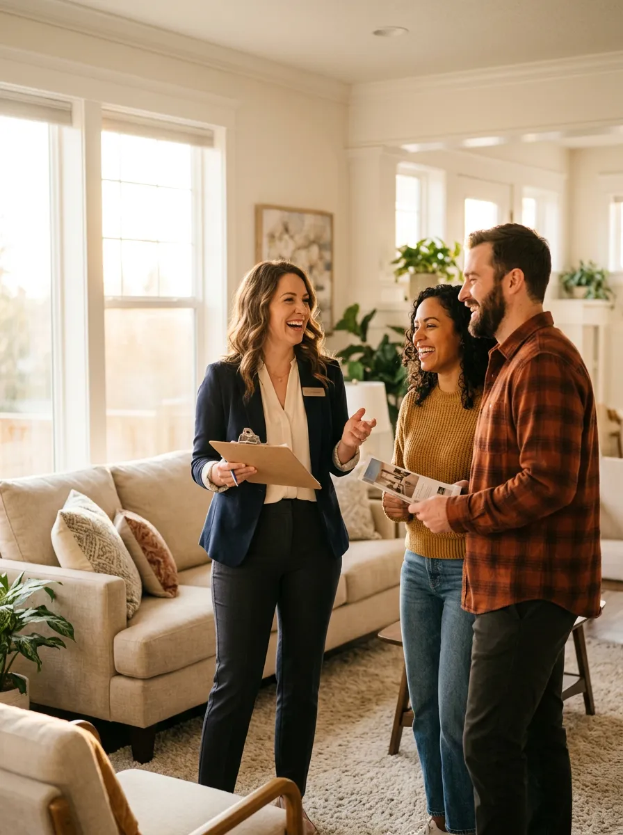 Agent hosting a sunlit open house, laughing with visitors